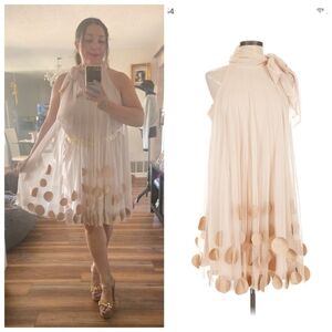 RYU Modcloth Tan High Neck Bow Tie Polka Dot 3D Shift Dress- Size Large